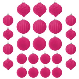 KI Store Hot Pink Velvet Christmas Baubles 25pcs Shatterproof Flocked Christmas Tree Ornaments 80mm 60mm Assorted for Xmas Tree Decorations