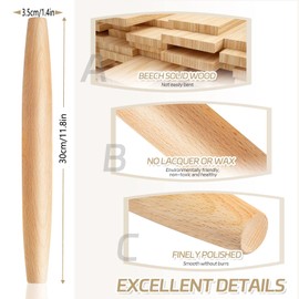 French Rolling Pin for Baking - Tuyotue 11.8 Inches Beech Wood Tapered Rolling Pin Dough Roller for Pizza Dough, Pie Crust Cookie Fondant Dumpling