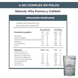 NAIMA 4 MG Complex 150 g, Sabor Natural | Suplemento en Polvo 100% Puro con Citrato,Glicinato,Treonato y Gluconato de Magnesio| Con Inulina de Agave, 