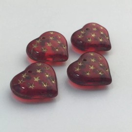Ruby Red Hearts W/ Gold Painted Engraved Star Beads 14x12mm (8) bds1011B