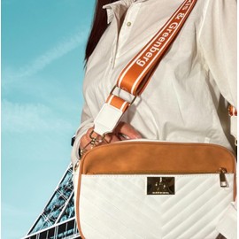 Alexis and Greenberg Small Crossbody Bag For Women with 3 Straps Vegan Leather Crossbody Purses For Women Trendy wide Straps (Beige with Brown)