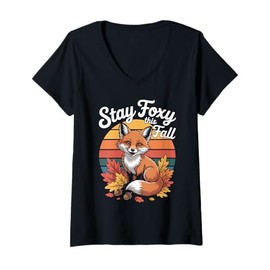Womens Stay Foxy This Fall Autumn Fox Leaves V-Neck T-Shirt