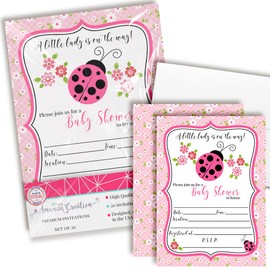 Amanda Creation Pink Ladybug Baby Shower Invites for Girls, 20 5x7 Double Sided Fill In Baby Shower Invitations with Twenty White Envelopes Lady Bug Baby Shower Theme Cards It’s a girl