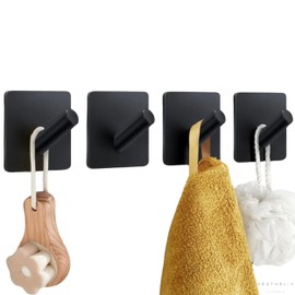 AESTHELIV Ganchos adhesivos resistentes para colgar, paquete de 4, ganchos de aluminio negro mate para baño y cocina para toallas, batas, tazas y más