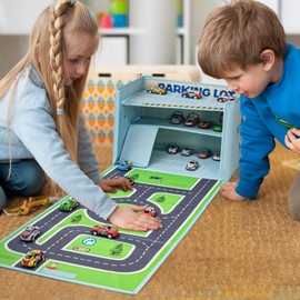 Livememory Toy Car Garage Box - Toy Car Storage Toy Car Box with Car Rug Play Mat (Not Included Cars)