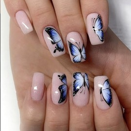 Square Press on Nails Short Fake Nails with Designs Butterfly Stick on Nail Blue French Acrylic False Nail Glossy Artificial Nail Full Cover Glue on Nails for Women 24Pcs