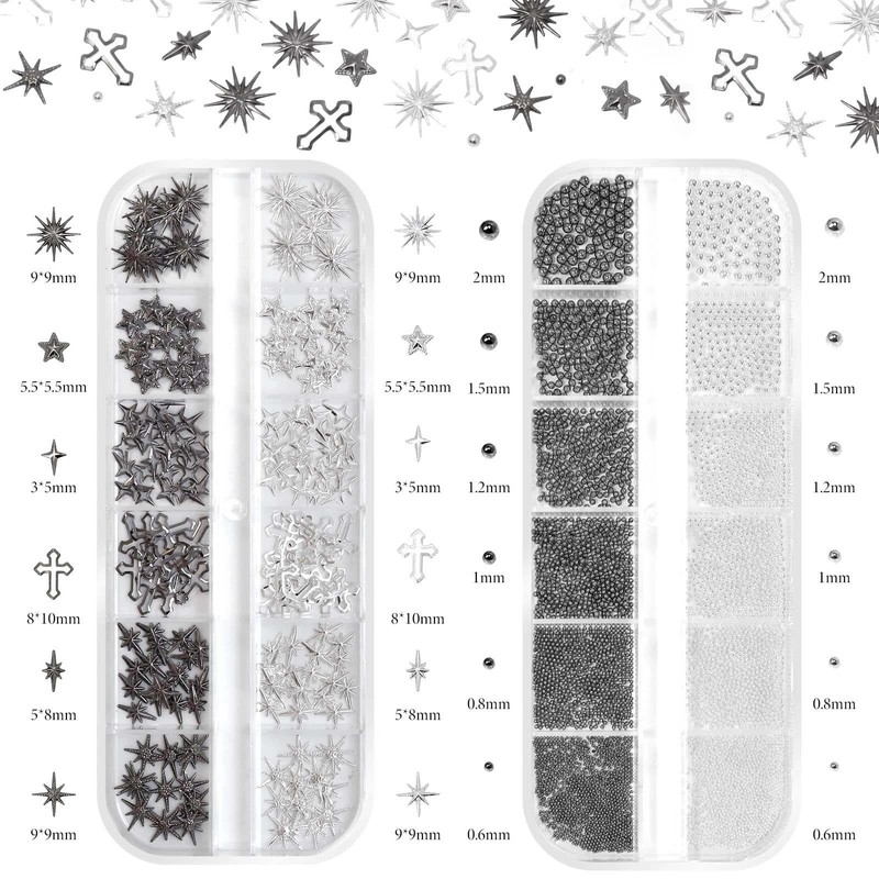 Goth Spike & Starburst Cross Nail Studs, Black Silver Beads