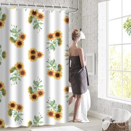 Sunflower Shower Curtain Watercolor, Floral Fabric Shower Curtain, Decorative Modern Bathroom Curtain with Hooks 72x72 Inch