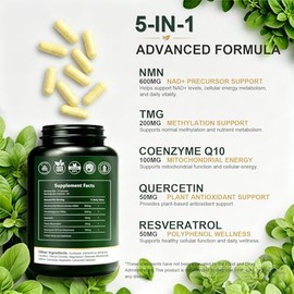 Suplemento NMN, NAD+ Precursor Support 1000mg Complejo 5 en 1 con 600 mg de mononucleótido de nicotinamida y TMG 200 mg, Trans-Resveratrol, Quercetina