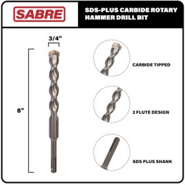 Sabre Tools 2-Pack 3/4 Inch x 8 Inch SDS Plus Rotary Hammer Drill Bits, Carbide Tipped for Brick, Stone and Concrete (3/4” x 6" x 8")