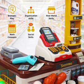 deAO Kids Supermarket Set Role Play Superstore Shop Toys Children Supermarket with Light, Sound, Working Scanner, Shopping Cart and Accessories Included