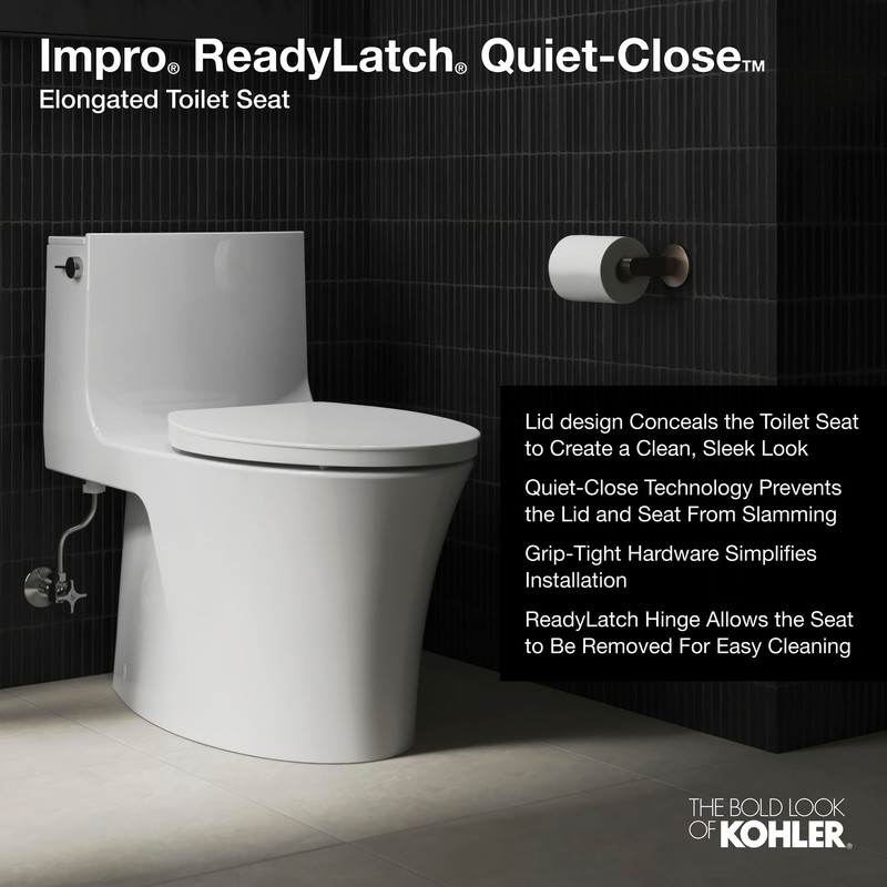 Kohler K-26801-96 Impro ReadyLatch Quiet Close Elongated Toilet Seat, Biscuit