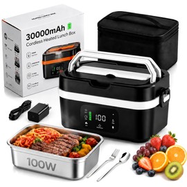 Cordless Heated Lunch Box Pro 30000mAh, 100W Fast & Auto Scheduled Heating, 221°F Max Temp Control, 5.7 Cups, Insulated Bag Included, Rechargeable & Portable for Office, Travel, Camping, Jobsites