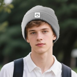 viiotu Smile Men Beanie, Beanie Hats for Women Warm, Mens Beanie Soft Unisex Knit Hat Beanie for Winter (AU, Alpha, One Size, Grey)