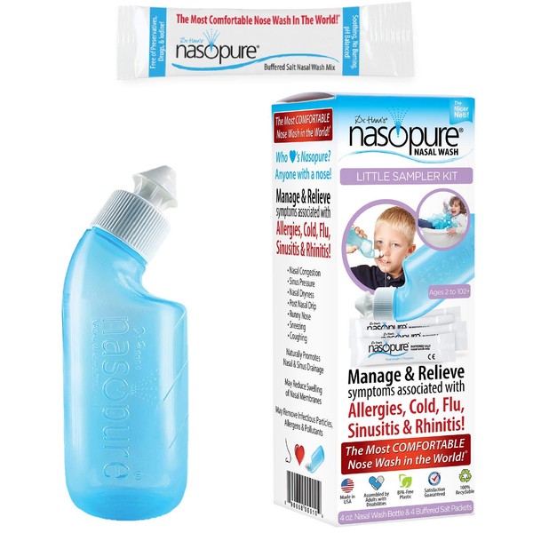 Nasopure Nasal Wash, Little Sampler Kit, “The Nicer Neti Pot” Sinus Wash Kit, Comfortable Nasal Rinse 4 Oz Bottle & 4 Salt Packets (3.75 Gr Each), Nasal Congestion, Cold, Allergy, Nasal Irrigation