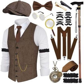 VillbeCoser 1920s Mens Costume Roaring 20s Costumes Accessories Set 1920s Vest Suspenders Hat Pocket Watch Tie (DarkBrown-2XL)