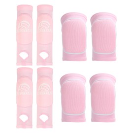 PATIKIL Volleyball Arm Sleeves Knee Pads Set, 4 Pairs Passing Forearm Knee Sleeve with Protection Pads Thumbhole Volleyball Arm Pad for Teenagers Men Women, (4.1-inch/3.9-inch Pink)