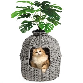 SETVSON Cat Litter Box Plant Furniture Hidden Cat Litter Box with Artificial Plants, Handwoven Rattan Cat Litter Box Enclosure with Cat Litter Box, Enclosed Plant Cat Litter Box in Living Room (Gray)