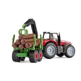 Siku 1134 Trattore Massey Ferguson con rimorchio forestale, gru di carico mobile con funzione di presa, 6 tronchi, in metallo e plastica, giocattolo forestale