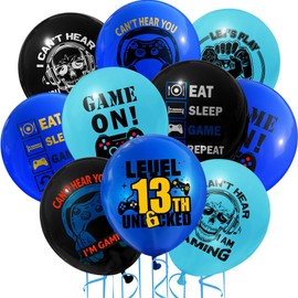 Fesnova Gaming On Balloons Decoration 13th Birthday Teenager Boy Set, Birthday Decoration 13 Years Boy, Video Game Design, Black, Blue, Turquoise, Pack of 10 for Children Game Theme Party Decoration