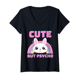 Women's Cute But Psycho Sweet Rainbow Bunny Funny Saying V-Neck T-Shirt, black