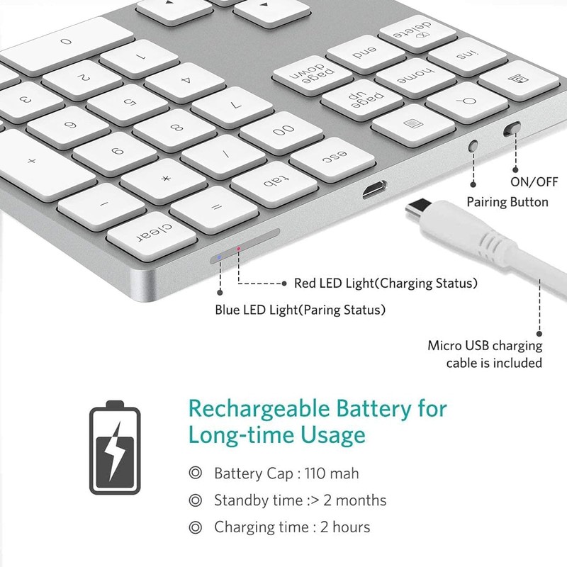 Teclado numérico Bluetooth recargable, de aluminio de 34 teclas, teclado