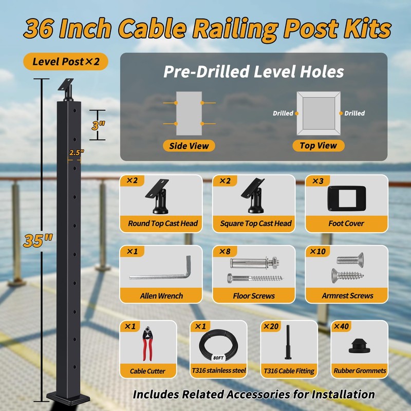 36" Black Cable Railing Kit - 4FT Adjustable Length, 2Pack