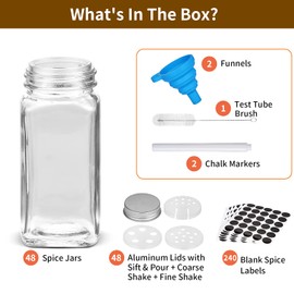 Fashionwu 24 Pack Glass Spice Jars with Spice Labels, 4oz Empty Square Glass Jars with 3 Types Filter Lids and Metal Airtight Caps, Clear