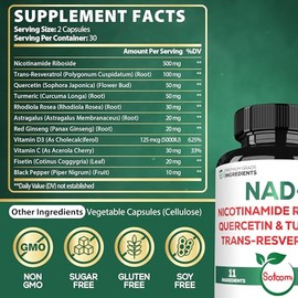 Satoomi Suplemento NAD para mujeres - NAD nicotinamida ribósido resveratrol 900 mg, quercetina, cúrcuma, astrágalo, ginseng, vitamina D3, vitamina C -