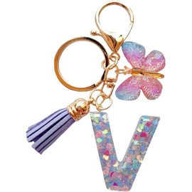 Cute V Styles Initial Letter Keychains for Women Girls New light purple mixed color Tassel Butterfly Keychain Girls for Backpack School Bag Gift Decoration Keychains