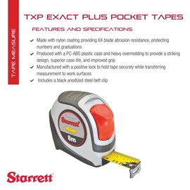Starrett Exact Plus Retractable Metric Pocket Tape Measure with Nylon Coating and Black Anodized Steel Belt Clip - 1.06" Width, 8m Length - KTXP106-8M-N