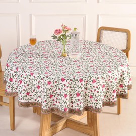 DecorAvenue Hand Block Printed Cotton Tablecloth – Elegant Floral Design, Soft & Durable, Perfect for Dining Table, Kitchen, Parties & Home Decor (Rosy Elegance, 10 Seater 108 Inches Round)