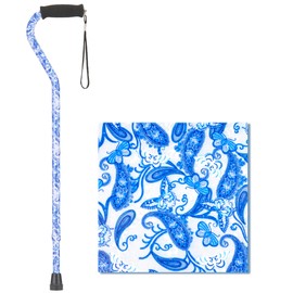NOVA Designer Walking Cane with Offset Handle, Lightweight Adjustable Walking Stick with Carrying Strap, “Blue Porcelain” Design