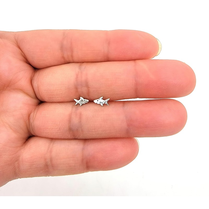 Shark .925 Sterling Silver Very Tiny Stud Earrings (Hypoallergenic)