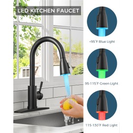 FORIOUS LED Kitchen Faucet with Pull Down Sprayer, Black Single Handle Stainless Steel Traditional Sink Faucets with LED Light Sprayer Head, Suitable for Farmhouse Laundry Camper Rv Bar