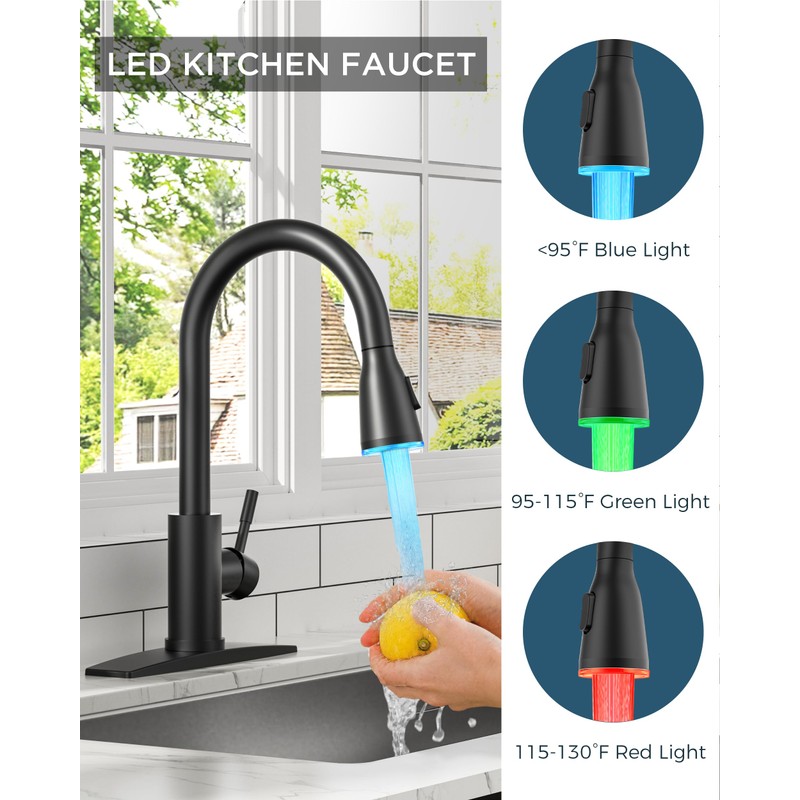 FORIOUS LED Kitchen Faucet with Pull Down Sprayer, Black Single