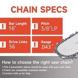 Dunhil 4 Pack 16 Inch 043" 3/8" Pitch 56 Drive Links chainsaw chain R56 for Milwaukee M18, for Worx WG385, for Milwaukee 90px056g, for EGO Power+ CS1613 CS1604 CS1600 CS1610 CS1611 16-Inch 56V