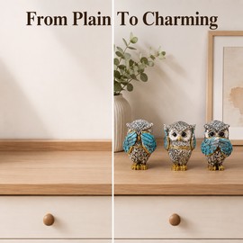 3-Piece Resin Owl Figurine Set – See Hear Speak No Evil Mini Owl Statues, Decorative Shelf & Desk Accents
