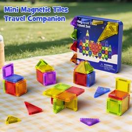 Mini Magnetic Tiles Travel Kit for Kids Ages 3-8, 60pcs Portable Magnetic Building Blocks with Visual Storage Guide & Metal Play Base, STEM Sensory Toys for Preschool Learning