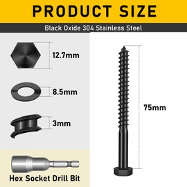 Valorada 12Pcs M8 x 75mm Coach Screws, Heavy Duty Lag Bolts 304 Stainless Steel, 75mm Wood Screws, Hex Head Partial Thread Black Oxide, with Washers and Hex Socket Drill Bit
