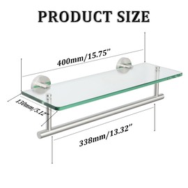 Alise Glass Shelves for Bathroom, 15.7 Inch Floating Glass Shelves for Wall，SUS304 Stainless Steel Floating Shelves for Bathroom, Toilet, Room Decor.Brushed Finish GDL400BAR-LS