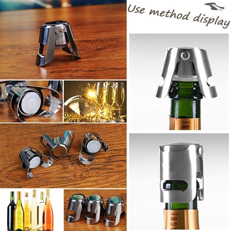 Pack of 3 champagne stoppers, stainless steel, vacuum cap, no