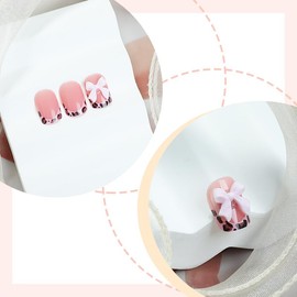 French Tip Press on Nails Short Square Fake Nails Pink Leopard Acrylic Nails with Bow Charms Designs Full Cover Glue on Nails Nude Pink Glossy Stick on Nails for Women Girls 24Pcs