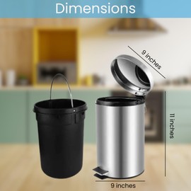 Radha Kishan LLC 5 Liter / 1.3 Gallon Stainless Steel Round Bathroom Trash Can with Soft Close Lid and Foot Pedal for Bathroom, Kitchen & Small Space (9" L x 9" W x 11" H)