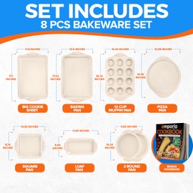 Emporio Kitchen Baking Pan Set - Nonstick Coating, Carbon Steel Bakeware Set with White Silicone Handle, PFOA, PFOS, PTFE Free, Recipe Booklet Included, Oven Safe Tray (Up To 450° F), Set of 8 - White
