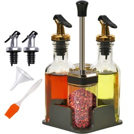 Aminno Oil and Vinegar Dispenser Set with Caddy, Glass Bottle Seasoning Pepper Salt Dispenser Oil Spouts Oil Funnel Brush Kit
