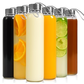 Epica glass bottles with lids – 18oz glass water bottles, reusable juice bottle with lids for storing juices, reusable water bottle durable set of 6 with Carrying Loop Caps