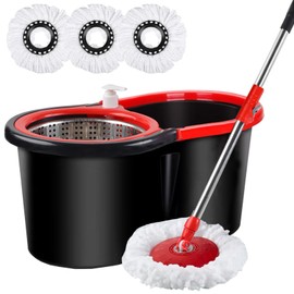 Spin Mop and Bucket with Wringer Set, 360°Rotating Head Mop Bucket System, 3 Microfiber Mop Heads for Living Room, Bedroom, Kitchen, Office (Black & Red)