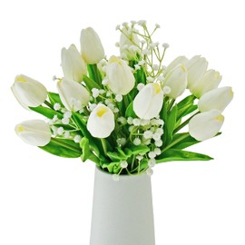 Mandy's 20pcs Flowers Artificial Tulip with 3pcs White Baby's Breath Silk Fake Flowers 13.5" for New Year Spring Mother's Day Valentine’s Day Gifts in Bulk Home Kitchen Wedding Decorations