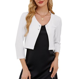 KOJOOIN Blazer Women's Cropped 3/4 Sleeve Bolero Women's Festive Casual Blazer Jacket Elegant Short Cardigan Shrug Top (Reusable Packaging), White, L